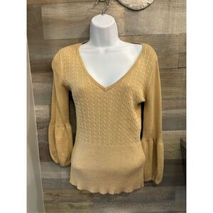 August Silk S gold sparkles infused puffy sleeve smocked sweater